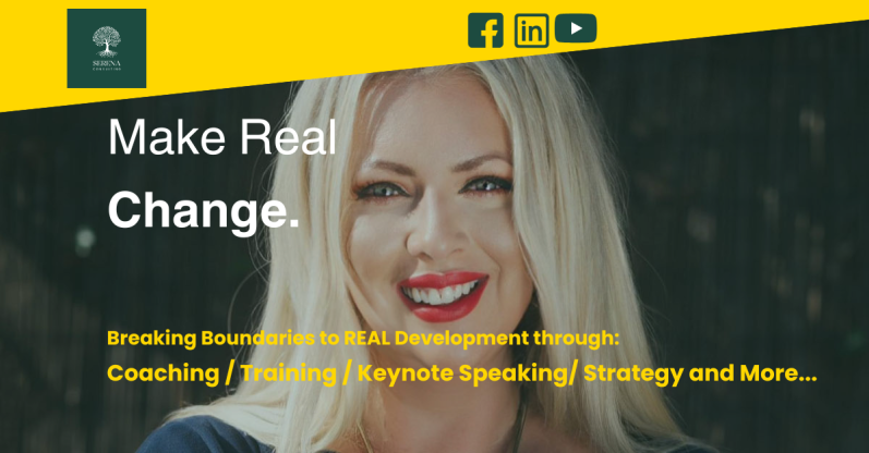 Smiling woman promoting personal growth and coaching services.