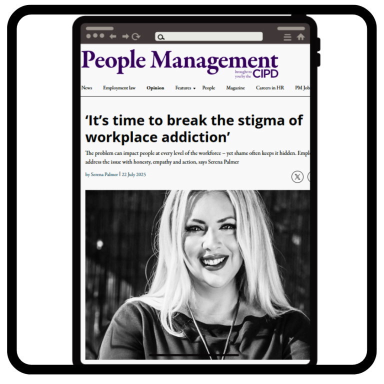 A publication titled "People Management" featuring an article on workplace addiction.